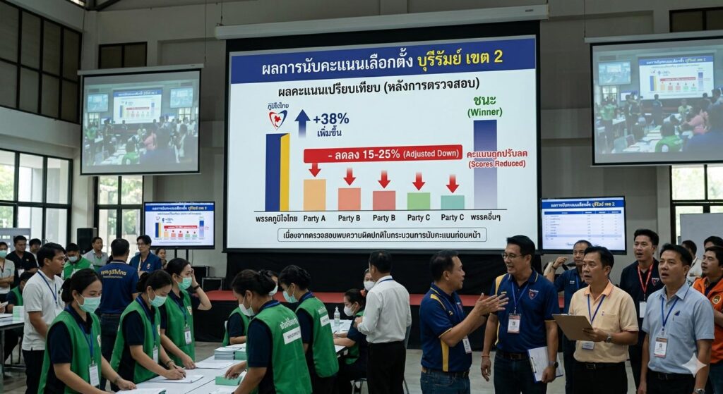 iLaw เผยข้อมูลคะแนนบุรีรัมย์ เขต 2 ทุกพรรคถูกปรับลดคะแนน ภูมิใจไทยเพิ่มอยู่พรรคเดียว